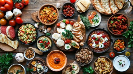 Poster - Diverse Mediterranean dishes spread on rustic wooden table.  Possible use for showcasing culinary variety