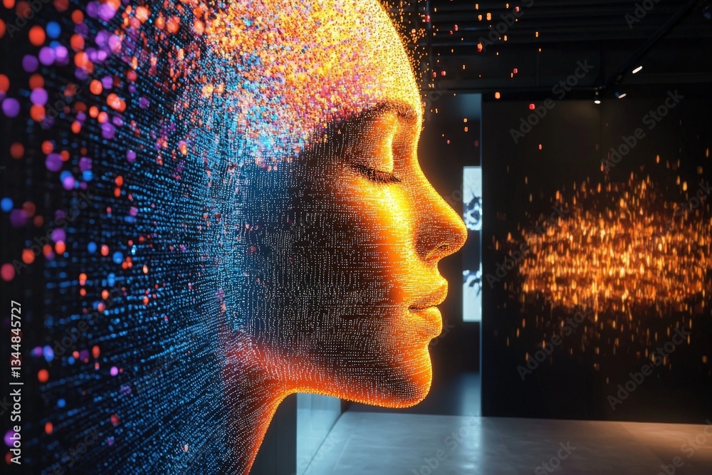 A striking digital art display features a glowing representation of a human face made from colorful particles.