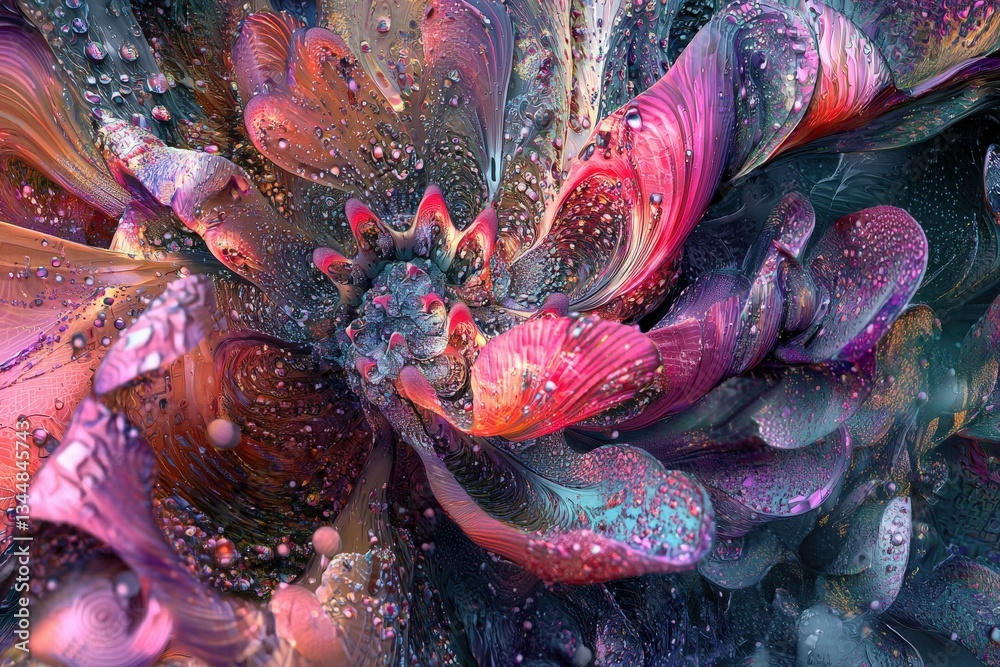 Swirling patterns in a mesmerizing floral shape showcase vivid hues of pink, purple, and blue against a dark backdrop. The intricate details create depth, making the design almost lifelike.