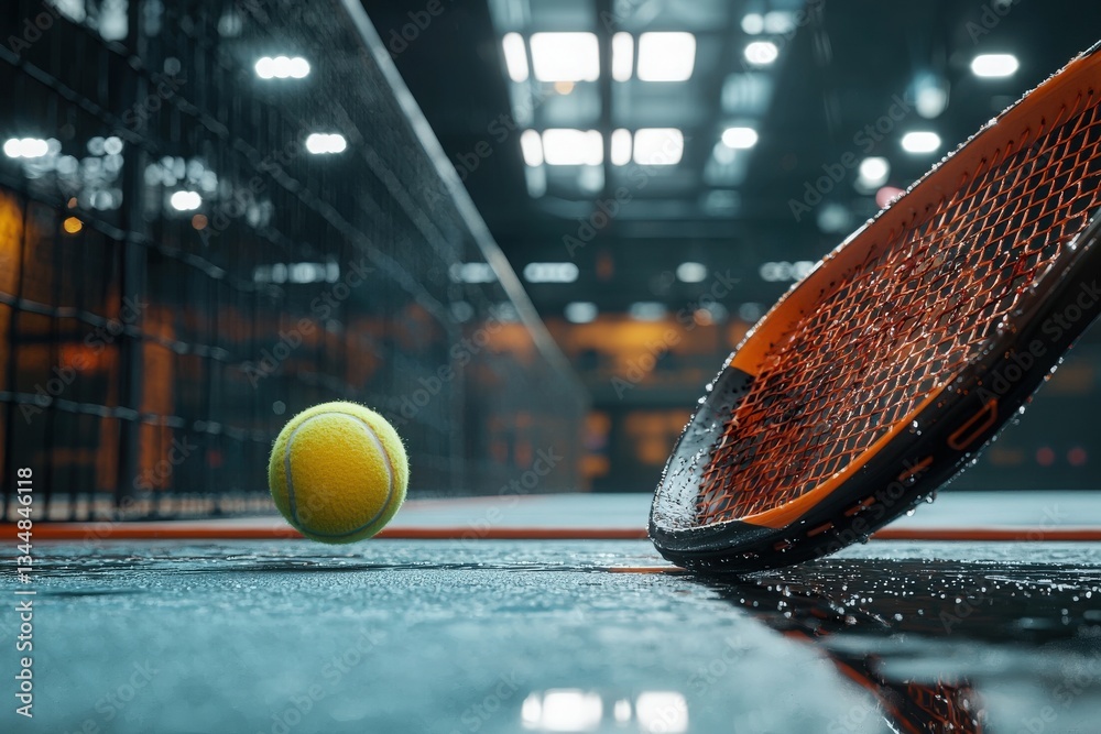 A tennis racket lies on the court beside a yellow ball, with faint reflections on the surface. The indoor sports facility has a vibrant atmosphere, illuminated brightly.