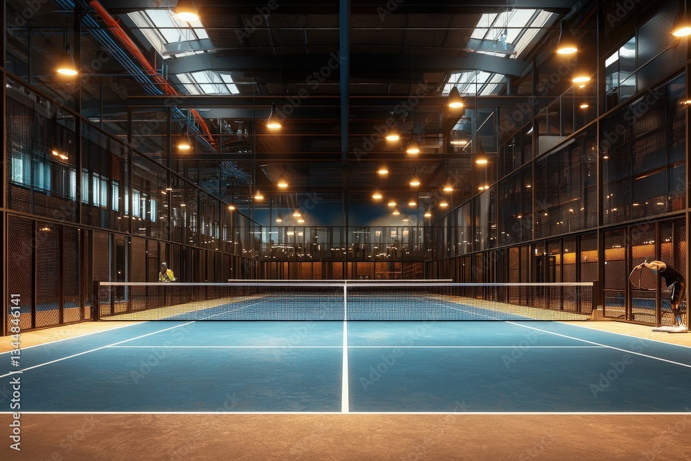 A spacious indoor tennis facility showcases a vibrant blue court surrounded by glass walls. Two players prepare for a match, illuminated by bright, warm lights overhead.