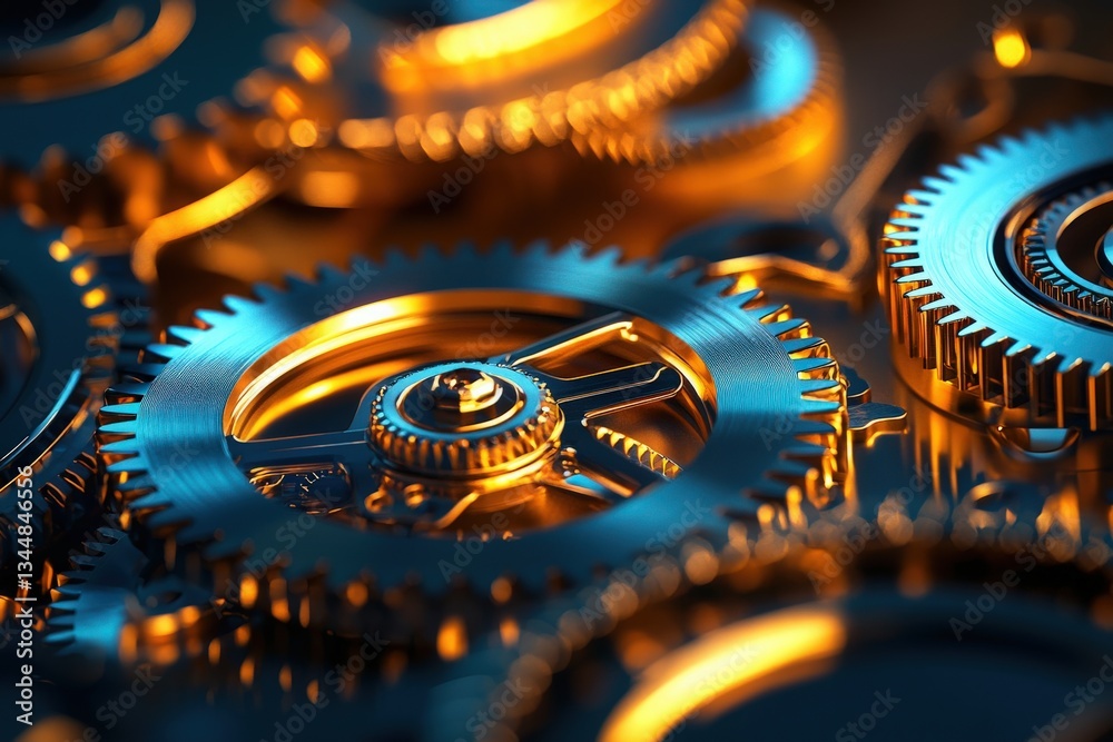 A close-up view reveals an array of metallic gears with intricate designs, bathed in warm golden light.