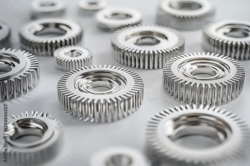 Several gleaming metal gears of different sizes are arranged on a smooth surface, showcasing their intricate designs. The lighting highlights the reflective surfaces, emphasizing detail.