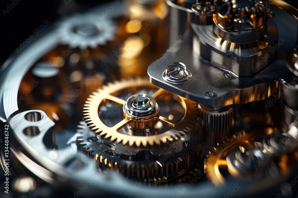 Close-up view of a mechanical watch movement reveals its intricate gears and components. Golden and silver elements reflect light, highlighting skilled craftsmanship and precision engineering.