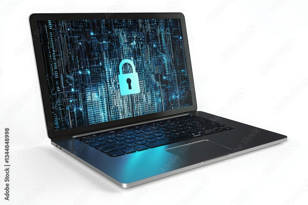A sleek laptop is open with a vibrant display showcasing digital security graphics and a lock symbol. This setup suggests a focus on cybersecurity and data protection ideas.