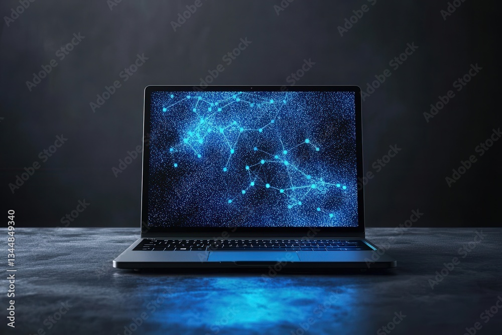 A laptop on a dark surface showcases a vibrant blue abstract network design on its screen. The glowing connections and nodes create a futuristic ambiance, emphasizing technology.