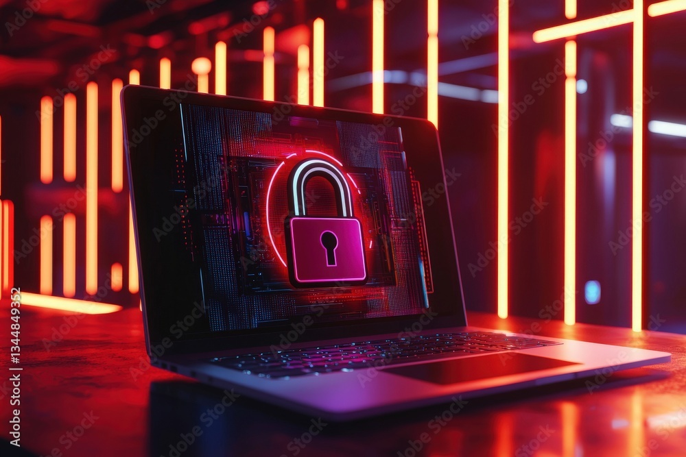 A laptop displays a glowing lock symbol against a dark background filled with vibrant neon lights. This futuristic setup emphasizes digital security and technology.