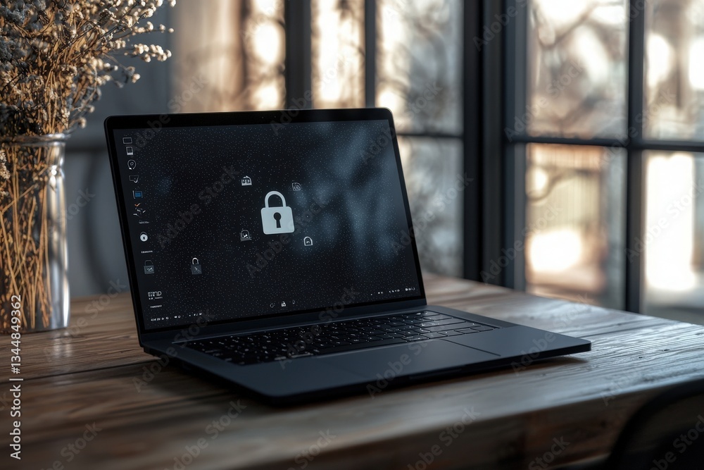 A sleek black laptop sits on a wooden desk, displaying a locked screen. Soft sunlight pours in through a nearby window, illuminating the room filled with natural warmth and tranquility.