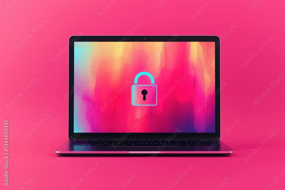 A laptop is displayed on a vivid pink background with a colorful abstract design on the screen, featuring a padlock symbol that represents digital security and privacy.