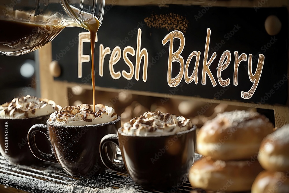 Rich coffee is poured into mugs next to baked goods in a bakery. The inviting atmosphere features a sign displaying the words Fresh Bakery, enhancing the warm, inviting scene.