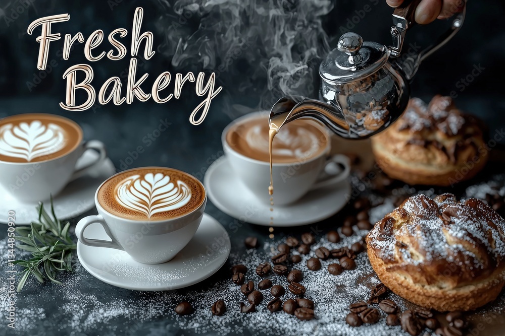 Two cups of latte art sit beside delicious pastries while steam rises from a teapot pouring hot coffee. The cozy setup invites patrons to enjoy a relaxing moment in a bakery.