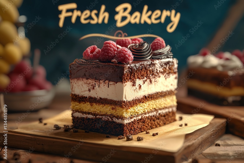 A cake with distinct layers of chocolate, cream, and sponge, topped with fresh raspberries, is presented on a rustic wooden table. The atmosphere is warm and inviting, ideal for dessert lovers.