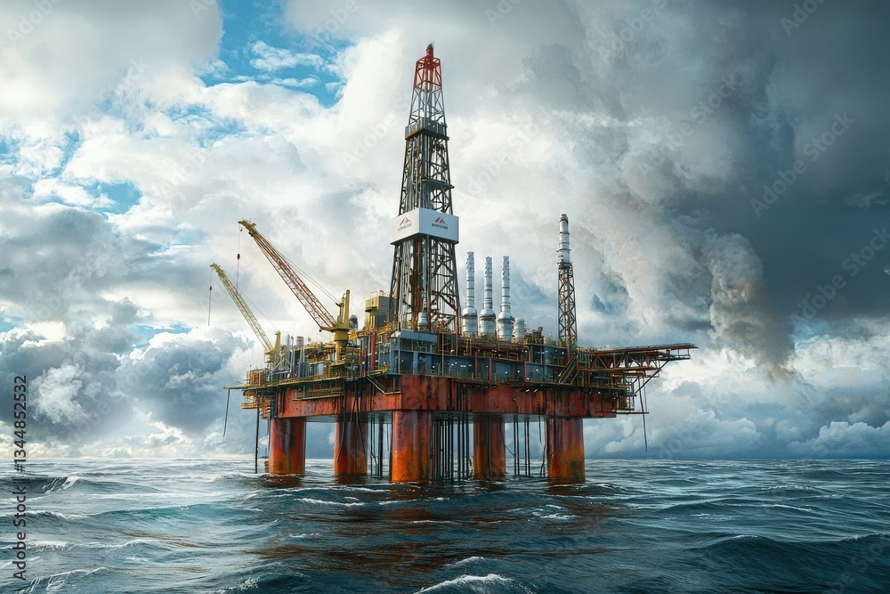 An offshore drilling rig is prominently positioned in choppy seas, surrounded by dark, ominous clouds. The structure shows signs of wear while towering over the waves.