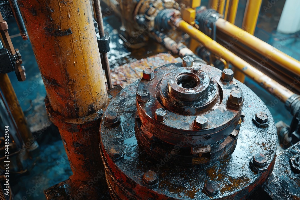 Close-up of rusted machinery parts showcasing intricate details in a workshop setting. The image highlights the wear and tear on pipes and fittings, indicative of heavy use and maintenance.