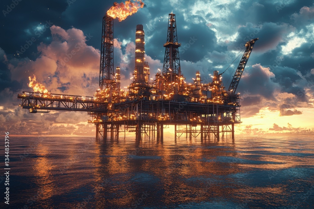 An offshore oil rig stands tall in calm waters, illuminated by bright flames as the sun sets on the horizon. Dramatic clouds surround the structure, creating a stunning atmospheric effect.