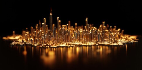 Poster - A golden miniature city reflects on a dark reflective surface