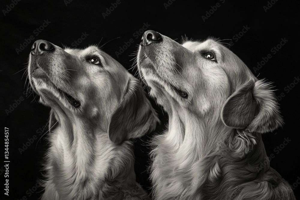 Two golden retrievers gaze upward with attentive looks, their features illuminated against a dark background. This moment captures their curiosity and beauty in monochrome.