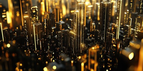 Poster - A stylized illuminated city with golden highlights at night