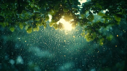 Wall Mural - the sun shines through the leaves of a tree in the rain