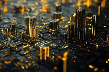 Poster - Illuminated abstract cityscape rendered on a complex black circuit board