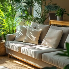 Poster - Soft sunlight filters through large windows, casting playful shadows on a comfortable couch adorned with pillows. Surrounding plants add a vibrant touch, creating a serene indoor oasis