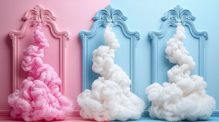 Wall Mural - three pink and blue frames with smoke coming out of them