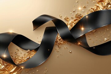 Poster - Luxurious 3D Black Ribbon Floating on Champagne Gold Background with Radiant Highlights for Elegant Graphic Design
