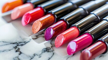 Poster - Colorful tubes of lip gloss and lipstick displayed elegantly on a polished marble surface with rich and varied shades for beauty enthusiasts Generative AI