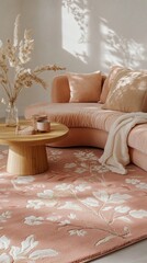 Poster - Sunlight gently pours into a stylish living area, illuminating plush pink furniture and a wooden coffee table adorned with decorative elements, creating a calming ambiance