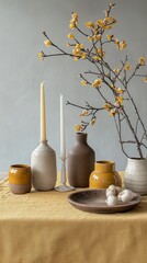 Poster - Delicate yellow blossoms emerge from slender branches, paired with assorted vases, candles, and a rustic plate on a textured yellow tablecloth, creating a serene ambiance