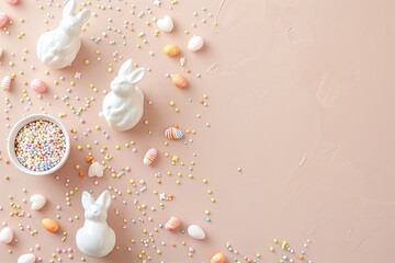 Poster - Celebrate Easter with delightful ceramic bunnies and pastel sprinkles on a charming beige background for a magical holiday decor scene Generative AI