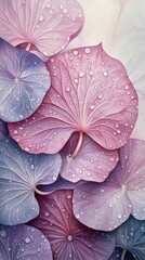 Poster - Soft pink and lavender petals glisten with droplets of water, creating an ethereal atmosphere. This tranquil moment captures the essence of nature's beauty at daybreak
