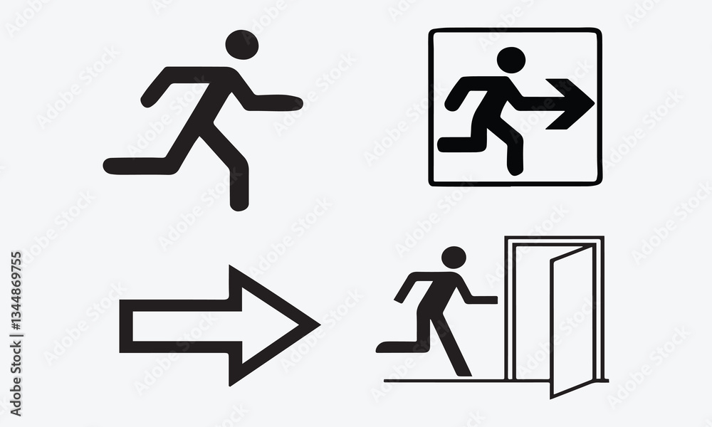Emergency Exit Sign icons Set Safety & Evacuation Symbols in Vector ...