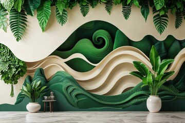 Poster - Lush Green and Ivory Backdrop with Creative Waveforms and Data Flow Design