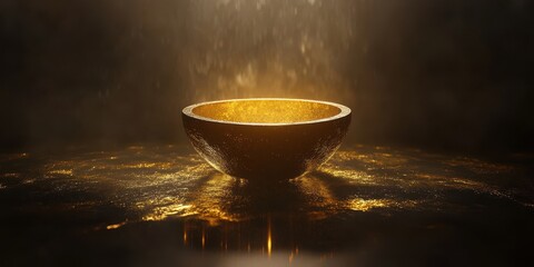 Canvas Print - A golden bowl sits upon a reflective surface in dark atmosphere