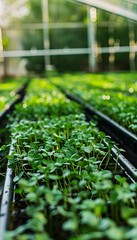 Poster - Rows of flourishing microgreens nurtured by a drip irrigation system in a greenhouse setting Generative AI