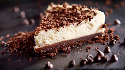 Poster - Delicious cheesecake slice topped with chocolate crumbs on dark slate surface Generative AI