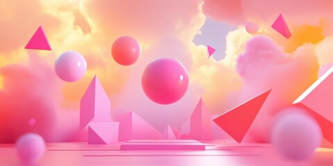 Poster - Floating spheres triangles and geometric shapes above a pastel platform