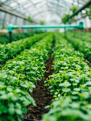 Poster - Rows of microgreens nurtured under efficient drip irrigation in a well-maintained greenhouse setting Generative AI