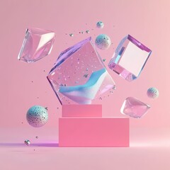 Poster - Floating geometric shapes and forms against a pastel pink background