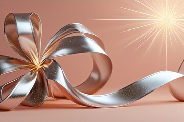Poster - Elegant 3D Platinum Ribbon Design on Soft Peach Background with Radiant Glow and Message Space