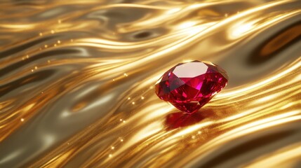 Poster - A brilliant red gemstone rests on a flowing golden background surface