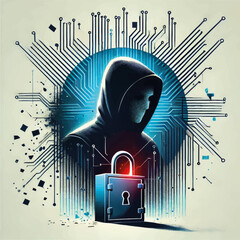 Poster - Hooded figure with a lock representing cybersecurity in digital art  