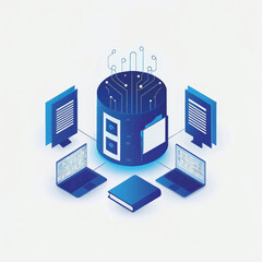 Poster - Data storage system with laptops and digital screens in blue tones  