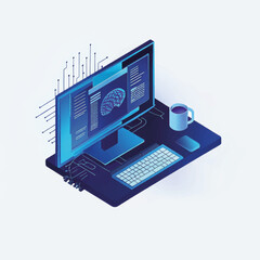 Poster - Digital workspace with computer, data display and coffee cup  