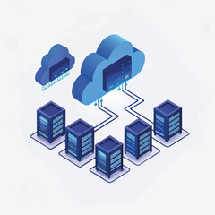 Poster - Cloud computing network with servers in blue isometric style  