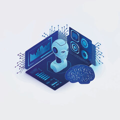 Poster - AI robot with brain and data analysis screens in digital style  