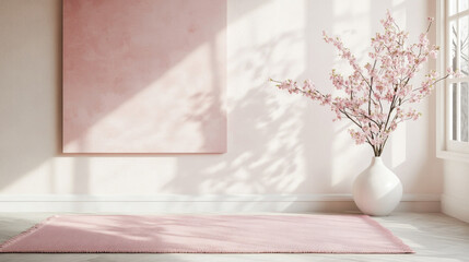 Poster - Gentle sunlight pours into the serene room, casting soft shadows on a blush-pink rug