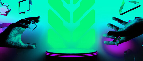 Wall Mural - 3d illustration rendering of y2k 2000s gamer technology futuristic fantasy metaverse cyberpunk sci-f