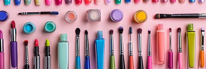 Poster - Colorful nail polishes and manicure tools arranged neatly on a light background for creative beauty enthusiasts Generative AI